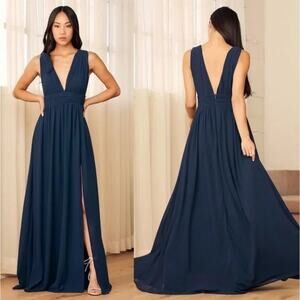Lulus Women's Heavenly Hues Navy Blue Deep V Maxi Dress Side Slit Formal Size L